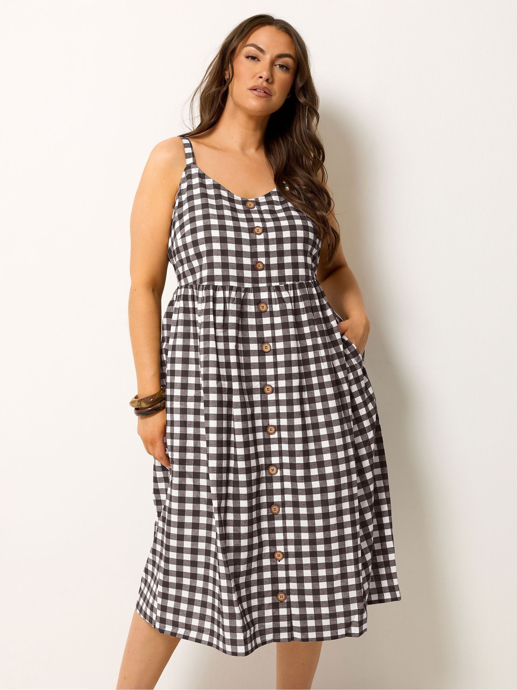 Yours Curve Women's Light Blue Gingham Linen Blend Button Sundress