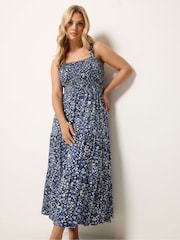 Yours Curve Blue Shirred Midaxi Dress - Image 1 of 5