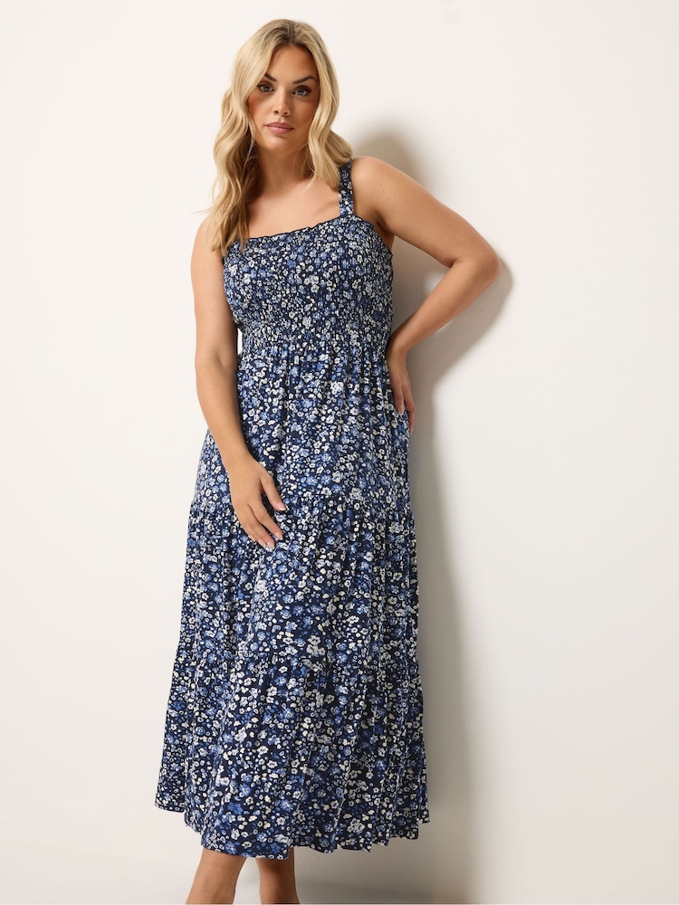 Yours Curve Blue Shirred Midaxi Dress - Image 1 of 5 Yours Curve Blue Shirred Midaxi Dress - Image 1 of 5