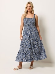 Yours Curve Blue Shirred Midaxi Dress - Image 3 of 5