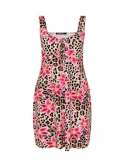 Yours Curve Brown Limited Animal Floral Tie Mini Dress - Image 6 of 6