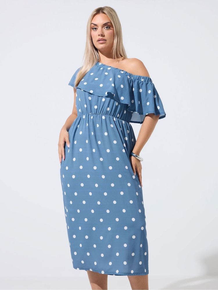 Yours Curve Blue Limited Frilled Dress - Image 1 of 6 Yours Curve Blue Limited Frilled Dress - Image 1 of 6