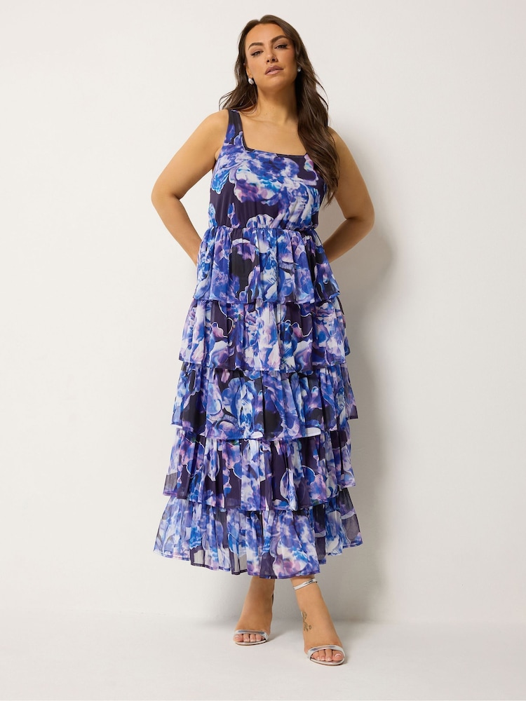 Yours Curve Purple Floral Ruffle Dress - Image 1 of 5