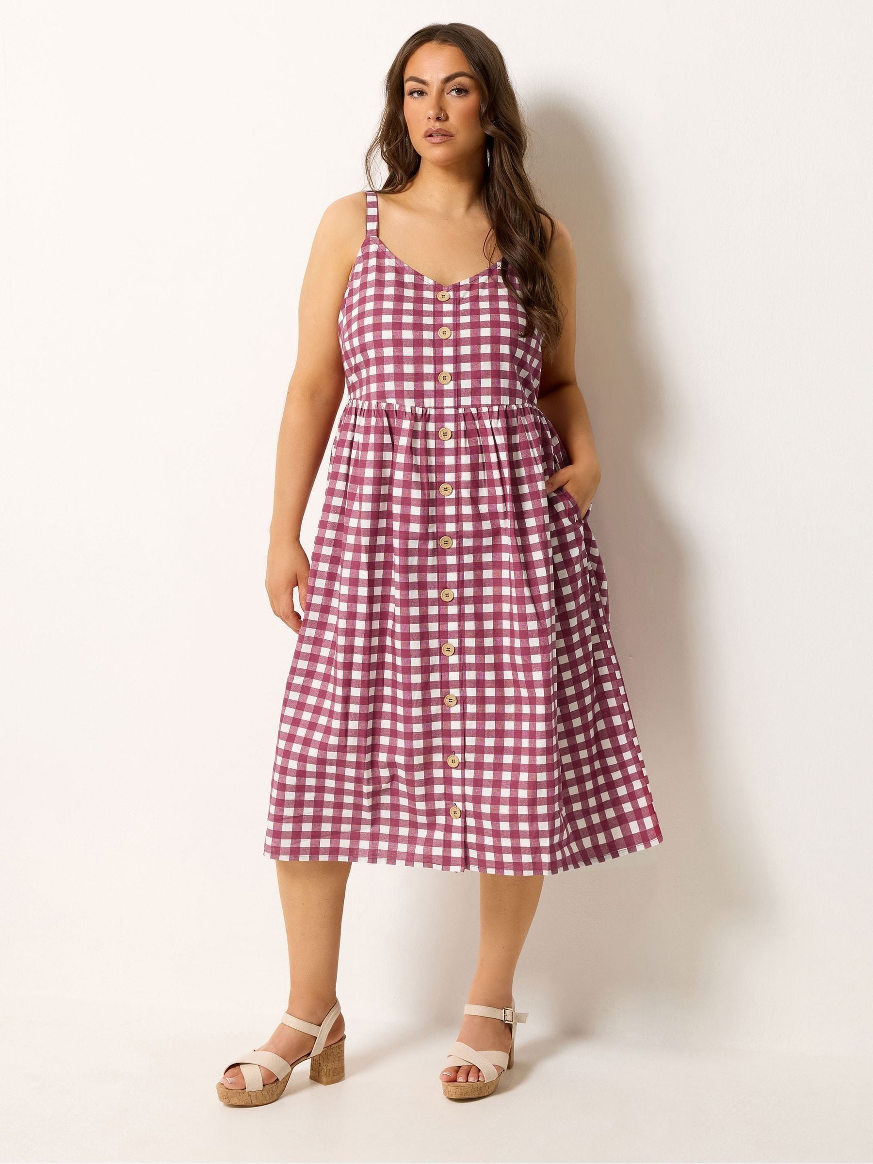 Yours Curve Women's Orange Gingham Linen Blend Button Sundress
