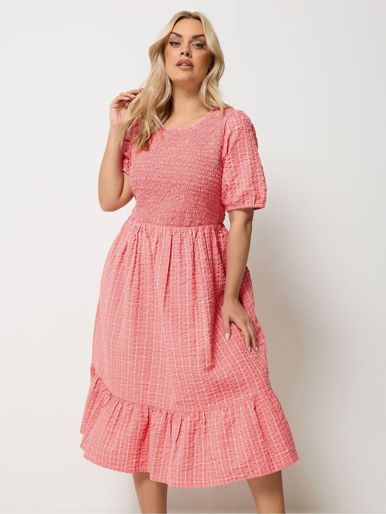 Yours Curve Orange Seersucker Check Shirred Frill Dress - Image 1 of 5