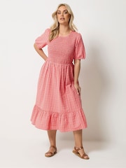 Yours Curve Orange Seersucker Check Shirred Frill Dress - Image 2 of 5