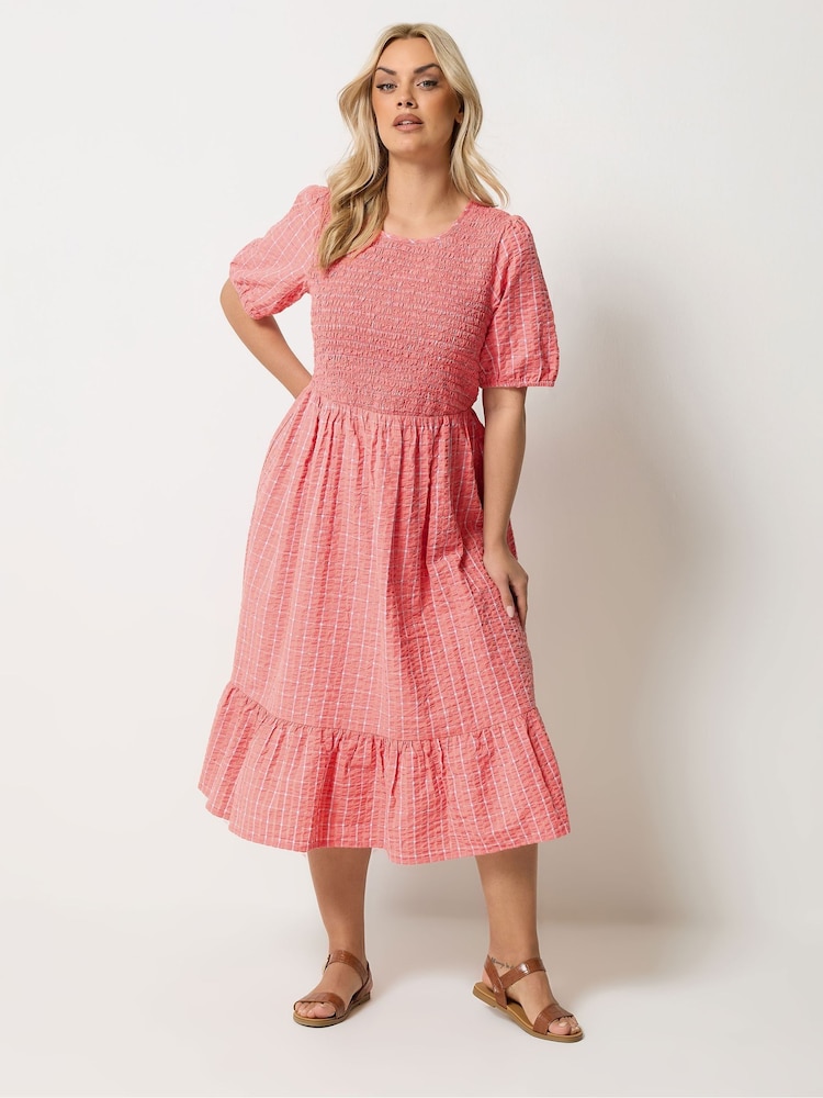 Yours Curve Orange Seersucker Check Shirred Frill Dress - Image 2 of 5