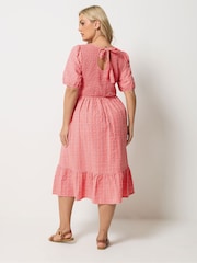 Yours Curve Orange Seersucker Check Shirred Frill Dress - Image 3 of 5