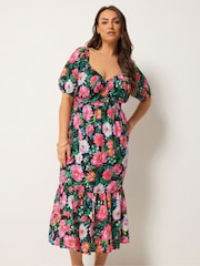 Yours Curve Black Floral Milkmaid Midi Dress - Image 1 of 5