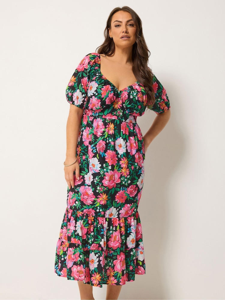 Yours Curve Black Floral Milkmaid Midi Dress - Image 1 of 5