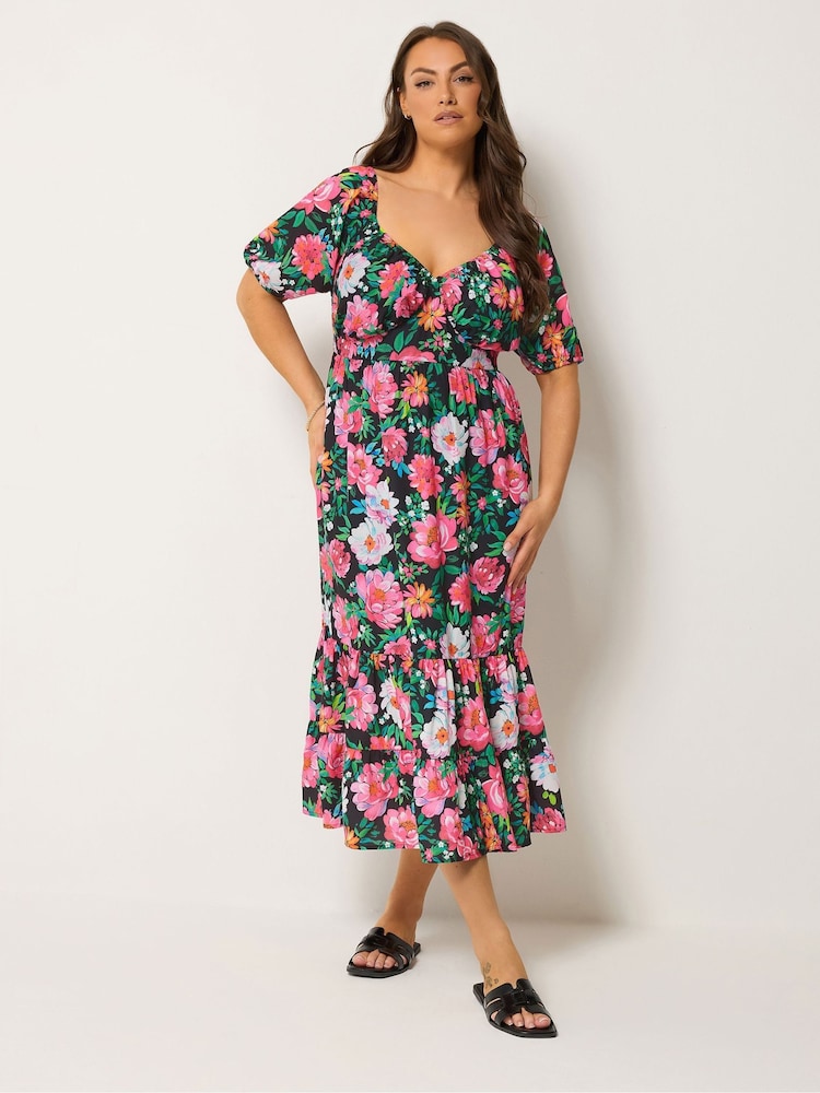 Yours Curve Black Floral Milkmaid Midi Dress - Image 2 of 5