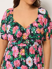 Yours Curve Black Floral Milkmaid Midi Dress - Image 4 of 5