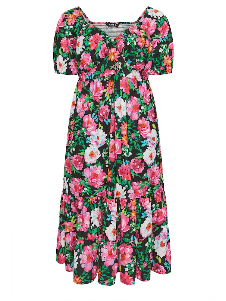 Yours Curve Black Floral Milkmaid Midi Dress - Image 5 of 5