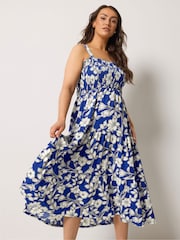 Yours Curve Blue Shirred Midaxi Dress - Image 1 of 5