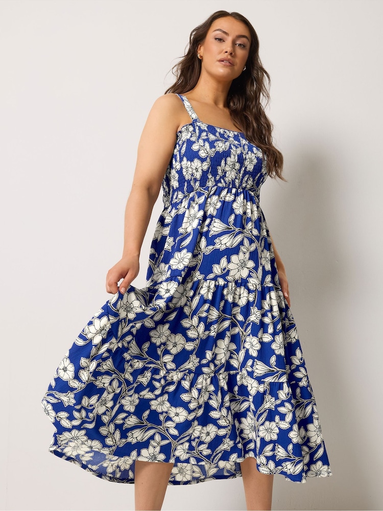Yours Curve Blue Shirred Midaxi Dress - Image 1 of 5 Yours Curve Blue Shirred Midaxi Dress - Image 1 of 5