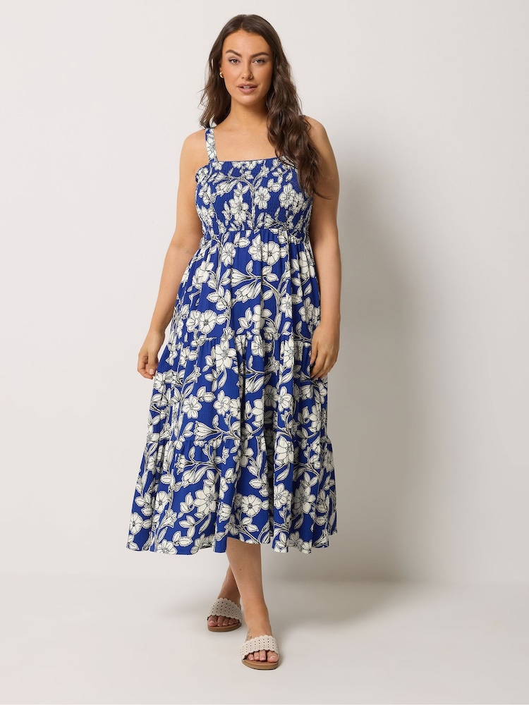 Yours Curve Blue Shirred Midaxi Dress - Image 2 of 5 Yours Curve Blue Shirred Midaxi Dress - Image 2 of 5