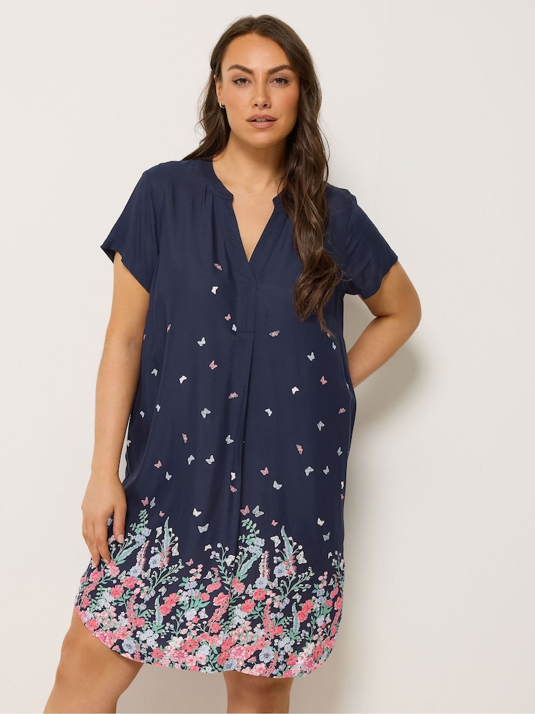Yours Curve Blue Pleated Front Detail Tunic Dress - Image 1 of 5