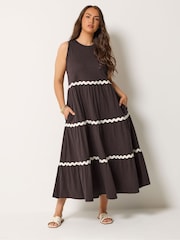 Yours Curve Brown Contrast Ric Rac Trim Dress - Image 1 of 5