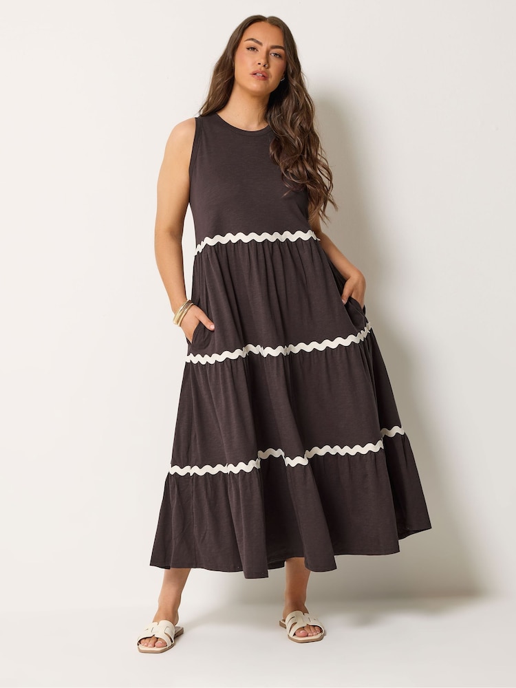 Yours Curve Brown Contrast Ric Rac Trim Dress - Image 1 of 5