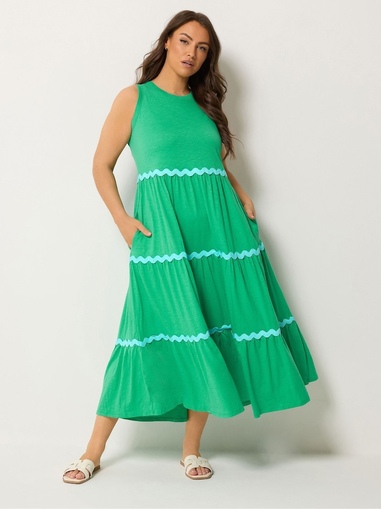 Yours Curve Green Contrast Ric Rac Trim Dress - Image 1 of 5