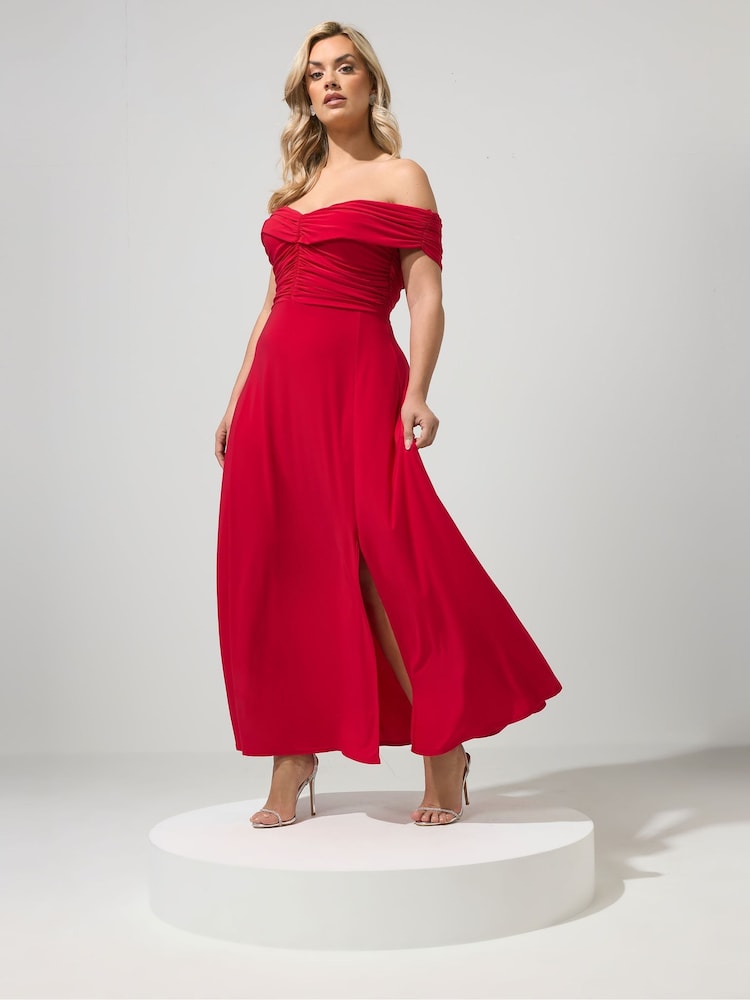 Yours Curve Red London Ity Gathered Bardot Maxi Dress - Image 1 of 5 Yours Curve Red London Ity Gathered Bardot Maxi Dress - Image 1 of 5