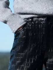 Black Croc Texture Faux Leather Wide Leg Trousers - Image 4 of 7