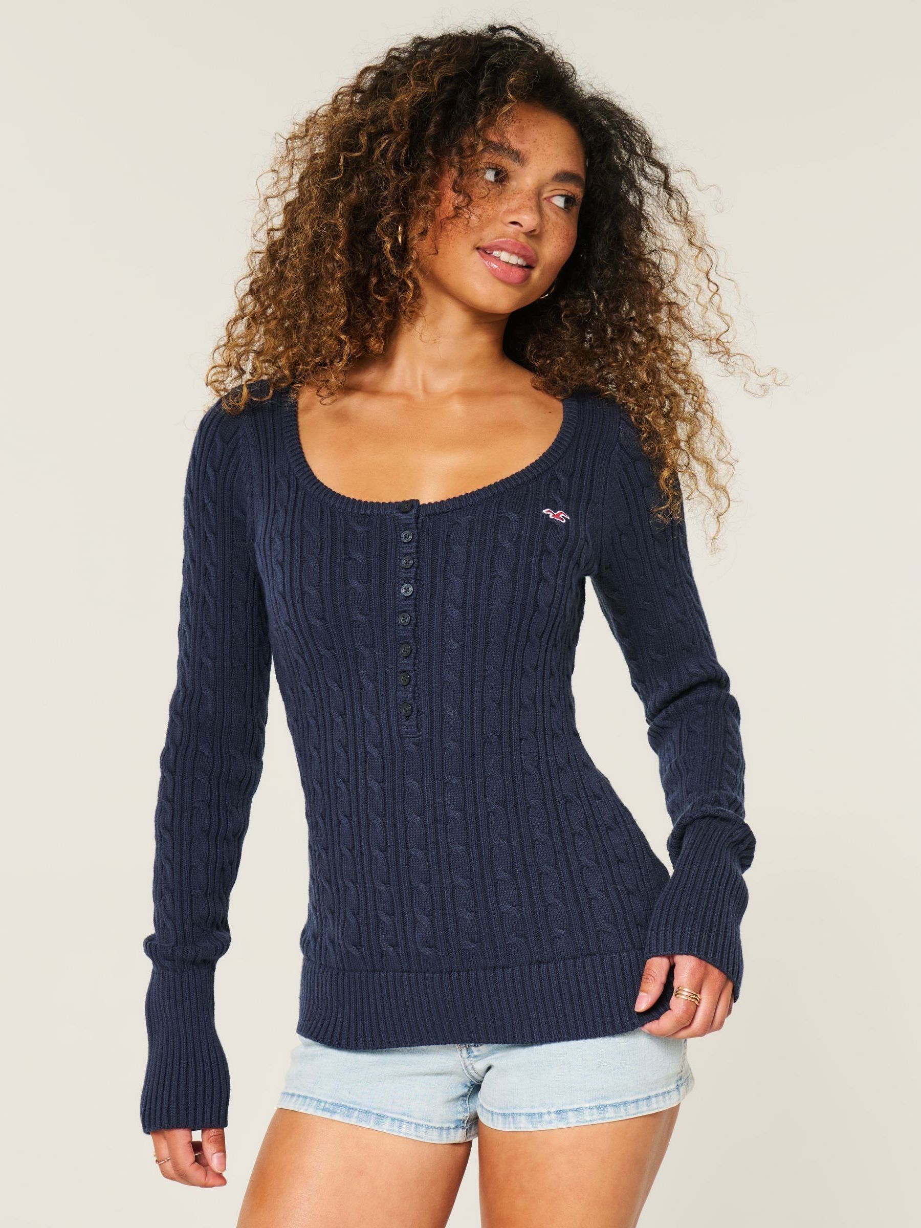 Buy Hollister Blue Cable Icon Henley Jumper from Next USA