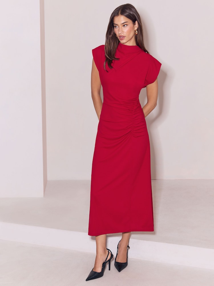 Lipsy Red Side Ruched High Neck Midi Dress - Image 1 of 5