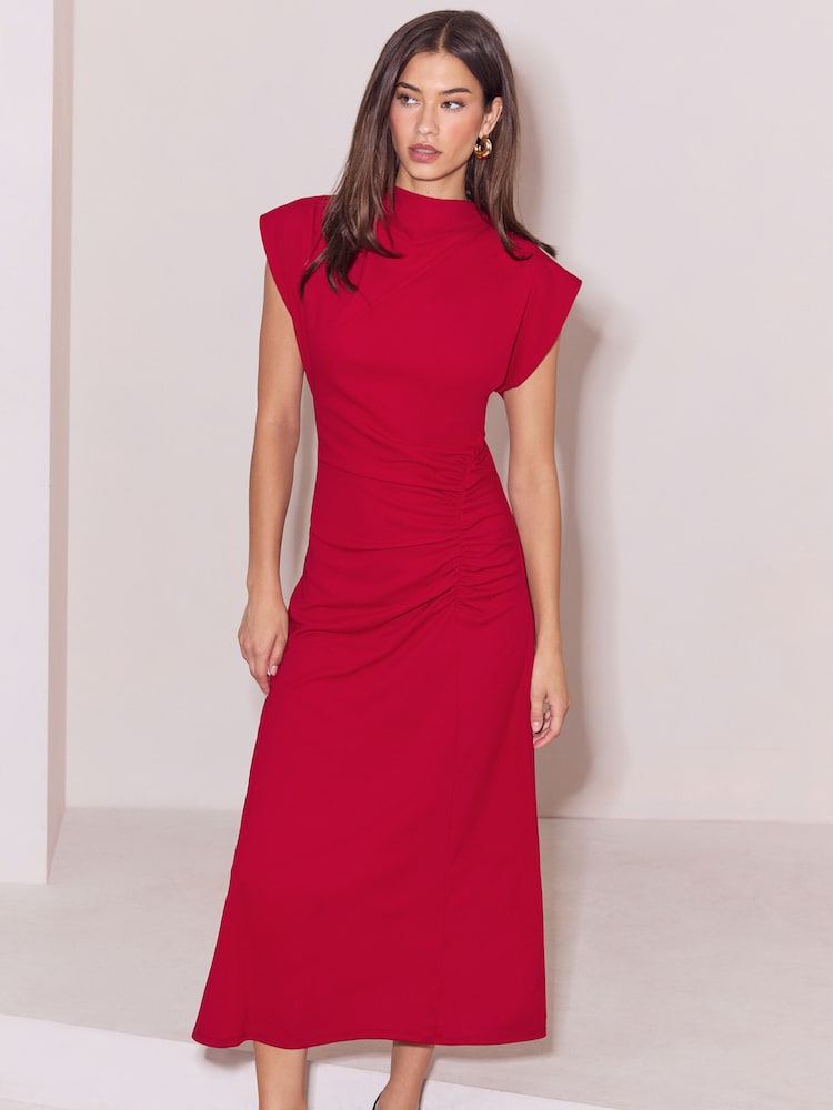 Lipsy Red Side Ruched High Neck Midi Dress - Image 5 of 5
