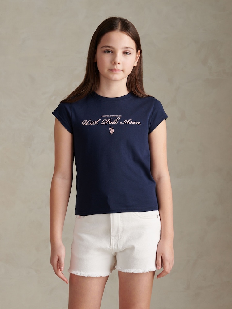 U.S. Polo Assn. Navy Iris Script Logo Cap Sleeve T-Shirt - Image 1 of 7
