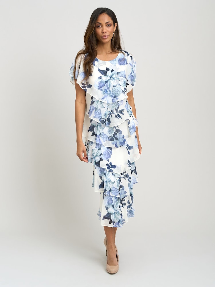 Gina Bacconi Blue Morgan Midi Printed Tiered Chiffon Dress - Image 1 of 5