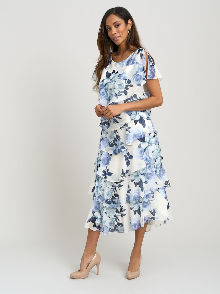 Gina Bacconi Blue Morgan Midi Printed Tiered Chiffon Dress - Image 5 of 5