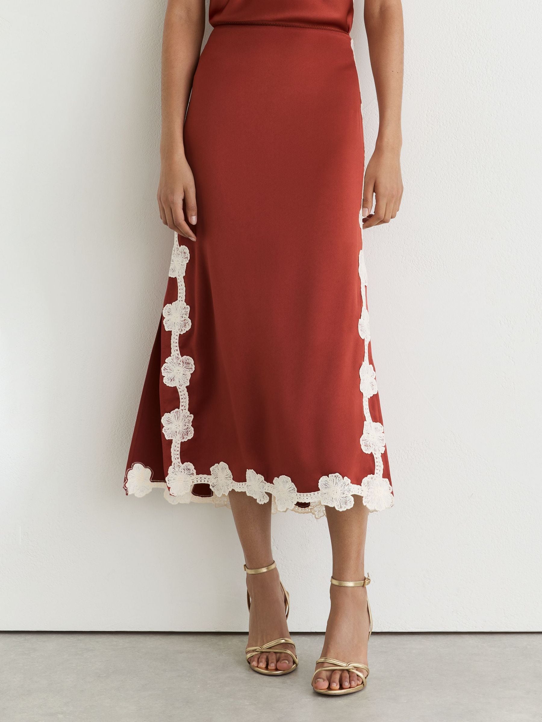 Buy Reiss Rust Orange Doa Satin Floral-Lace Trim Midi Skirt from