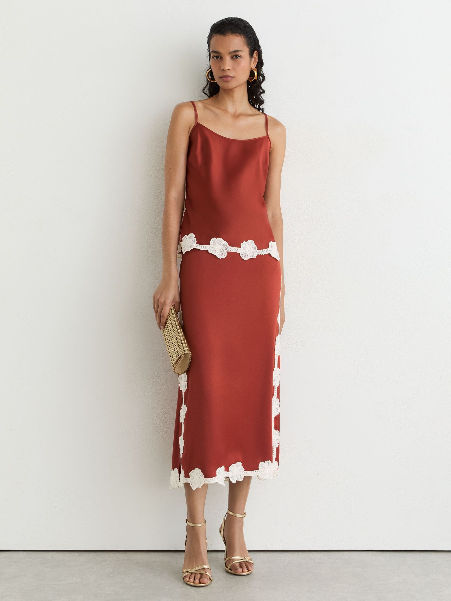 Buy Reiss Rust Orange Doa Satin Floral-Lace Trim Midi Skirt from