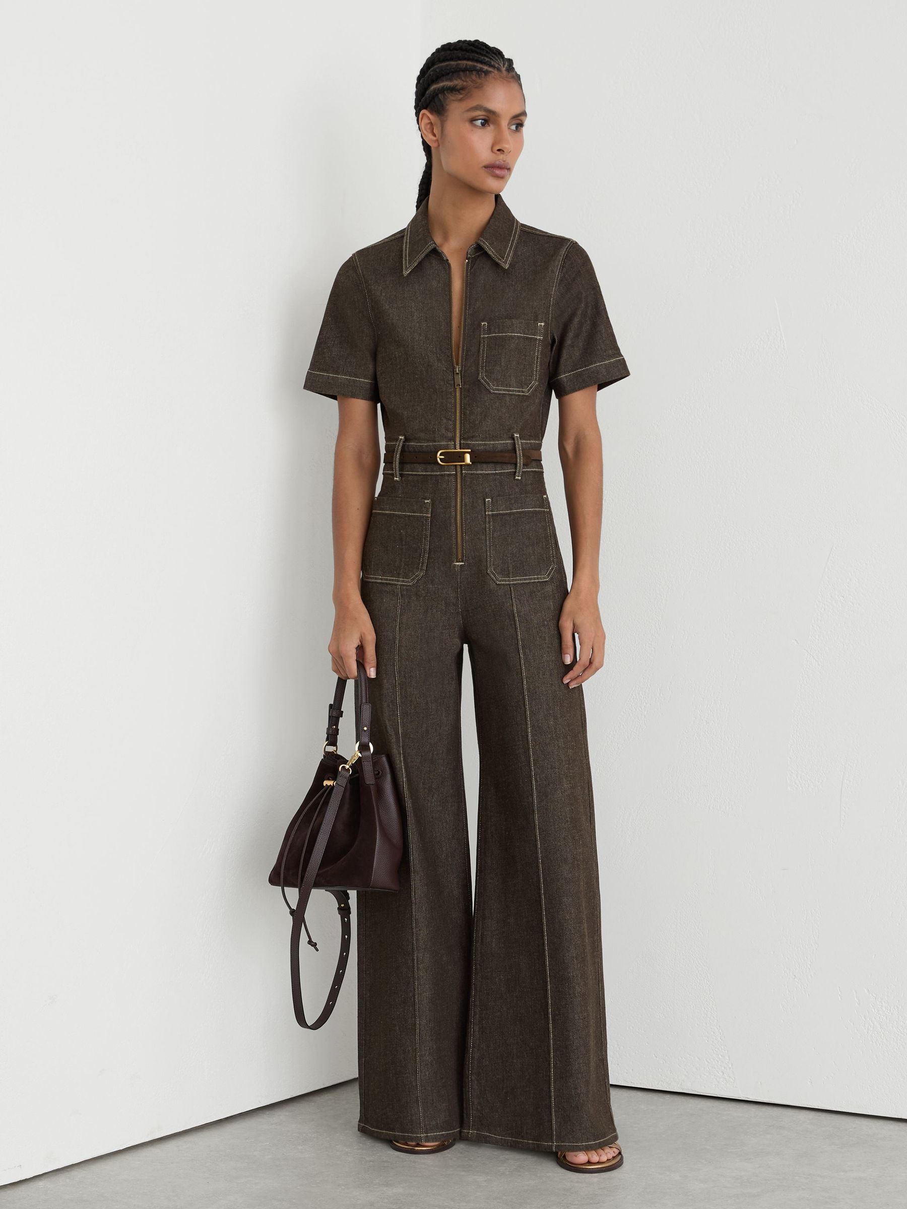 Buy Reiss Chocolate Brown Danie Petite Denim Wide-Leg Jumpsuit