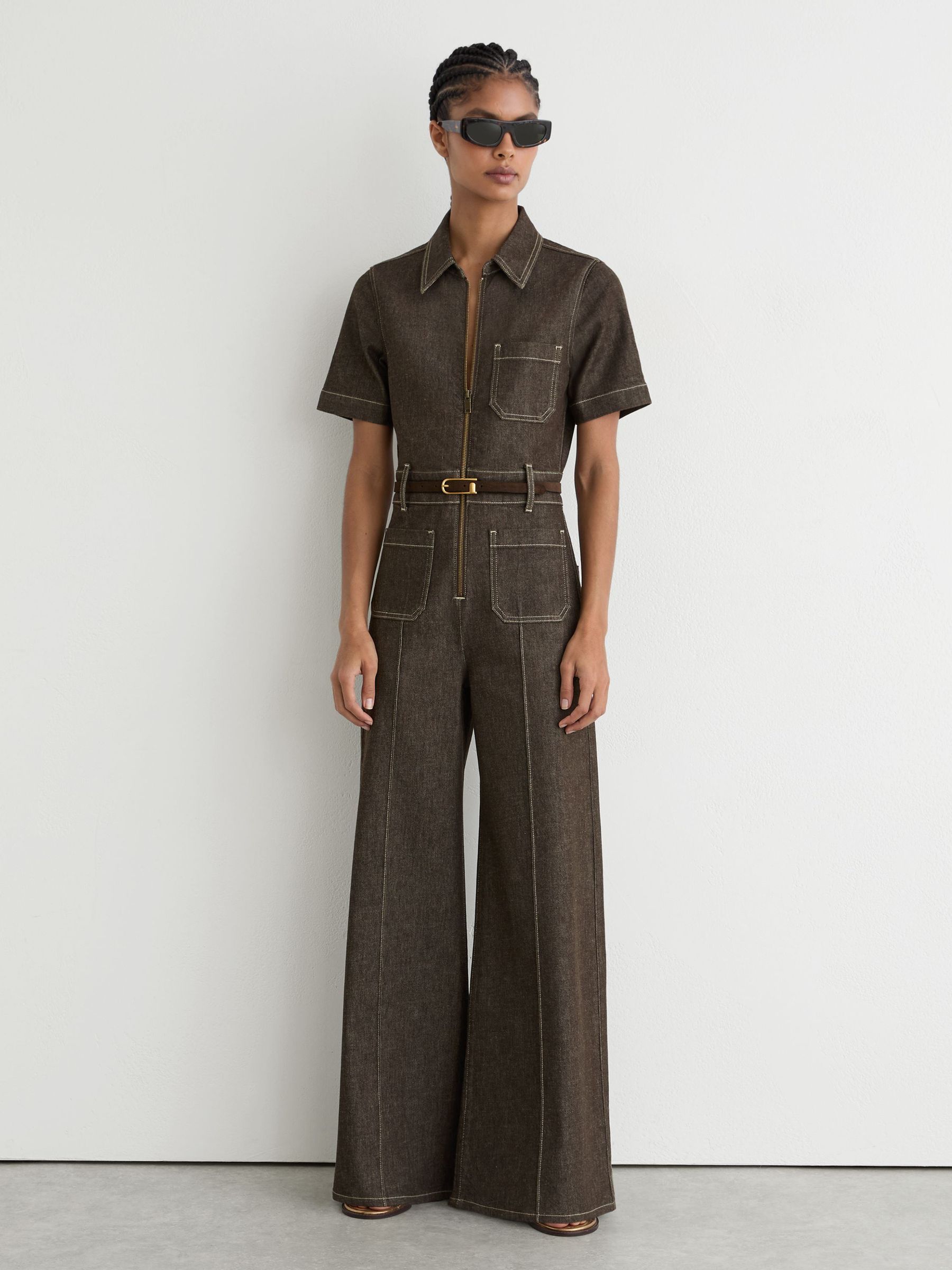 Buy Reiss Chocolate Brown Danie Petite Denim Wide-Leg Jumpsuit