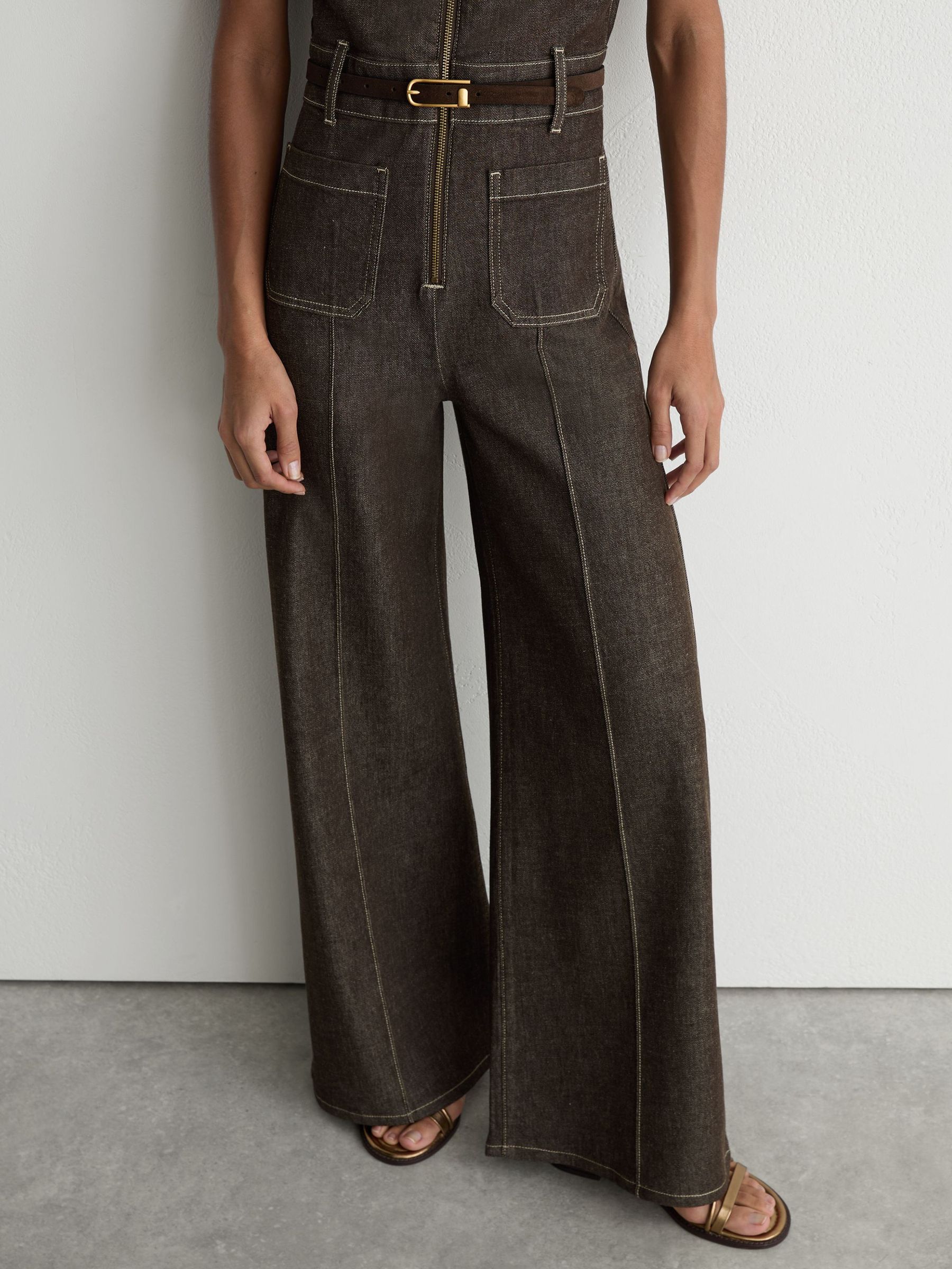 Buy Reiss Chocolate Brown Danie Petite Denim Wide-Leg Jumpsuit