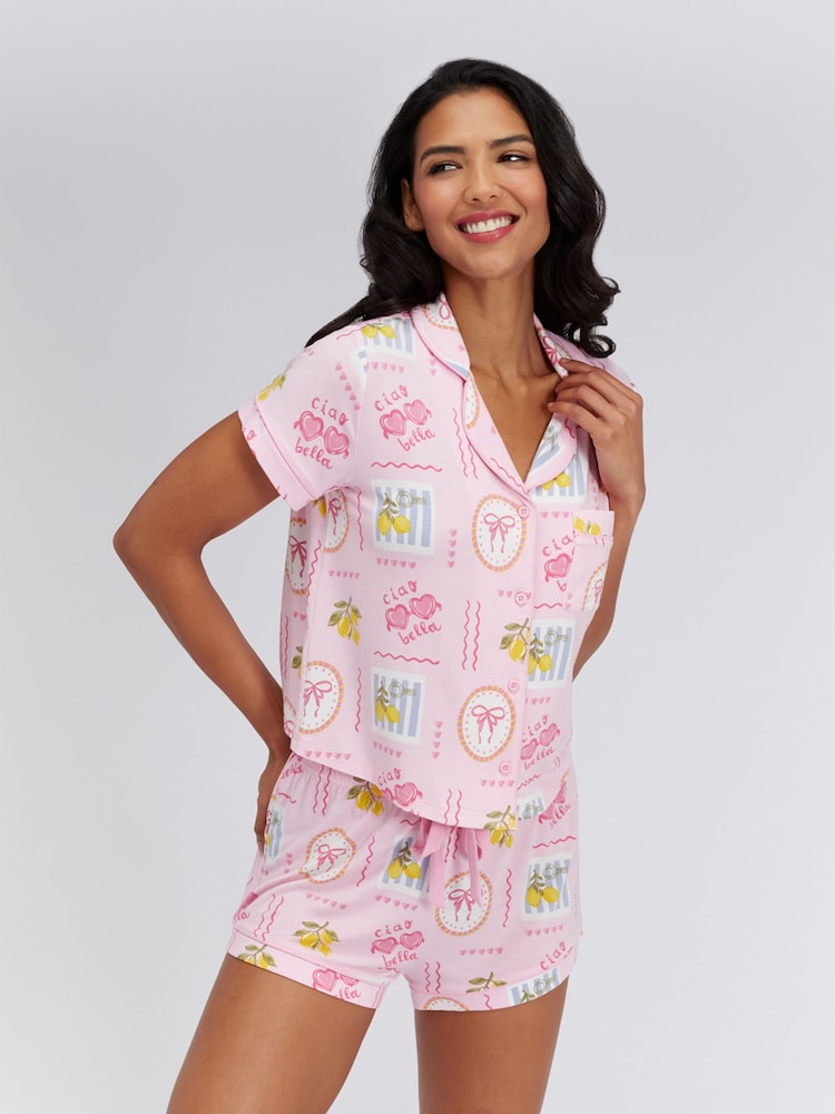 Boux Avenue Pink Postcard Modal Short Pyjamas Set - Image 1 of 5