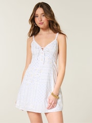 Hollister White Lace Trim Button Through Mini Dress - Image 1 of 7