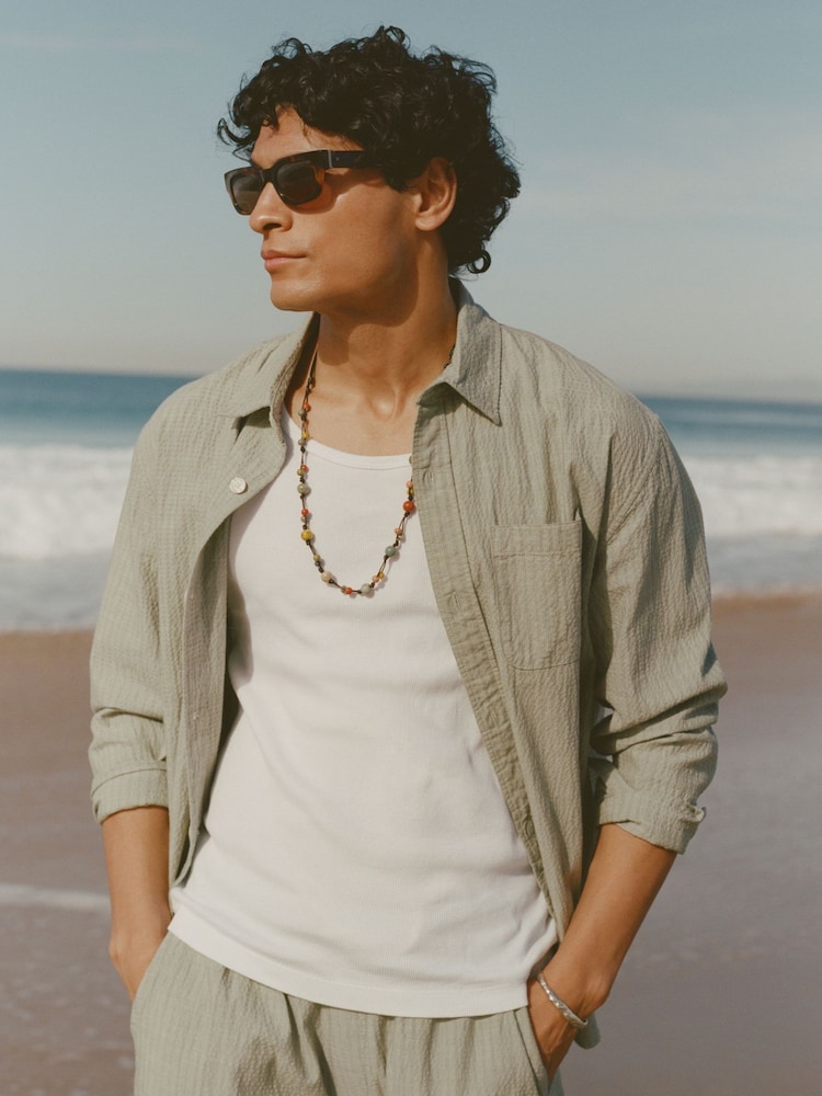Abercrombie & Fitch Green Seersucker Stripe Shirt - Image 1 of 3 Abercrombie & Fitch Green Seersucker Stripe Shirt - Image 1 of 3