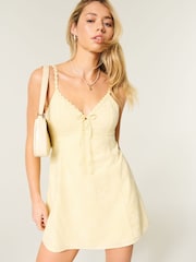 Hollister Yellow Lace Trim Button Through Mini Dress - Image 2 of 9