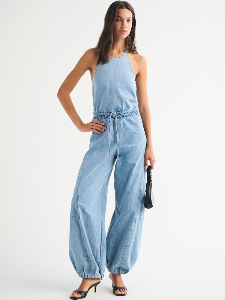 Abercrombie & Fitch Blue Tie Waist Denim Jumpsuit - Image 1 of 5