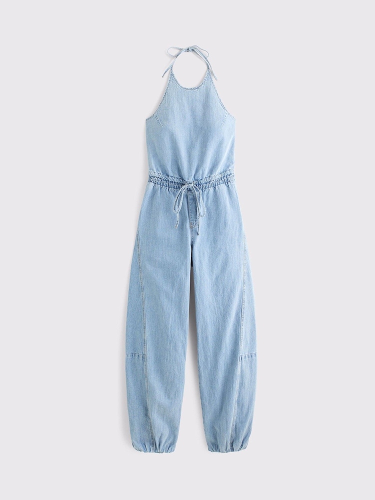 Abercrombie & Fitch Blue Tie Waist Denim Jumpsuit - Image 5 of 5
