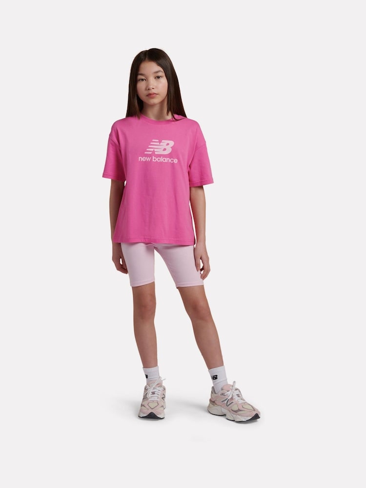 New Balance Pink Stacked Logo T-Shirt and Cycle Shorts Set - Image 1 of 8