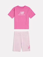 New Balance Pink Stacked Logo T-Shirt and Cycle Shorts Set - Image 6 of 8