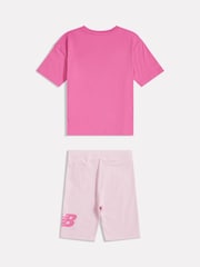 New Balance Pink Stacked Logo T-Shirt and Cycle Shorts Set - Image 7 of 8