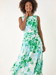 أخضر - فستان متوسط الطول مزين بطبعة زهور وطيات على الرقبة من Roman - Image 1 of 5