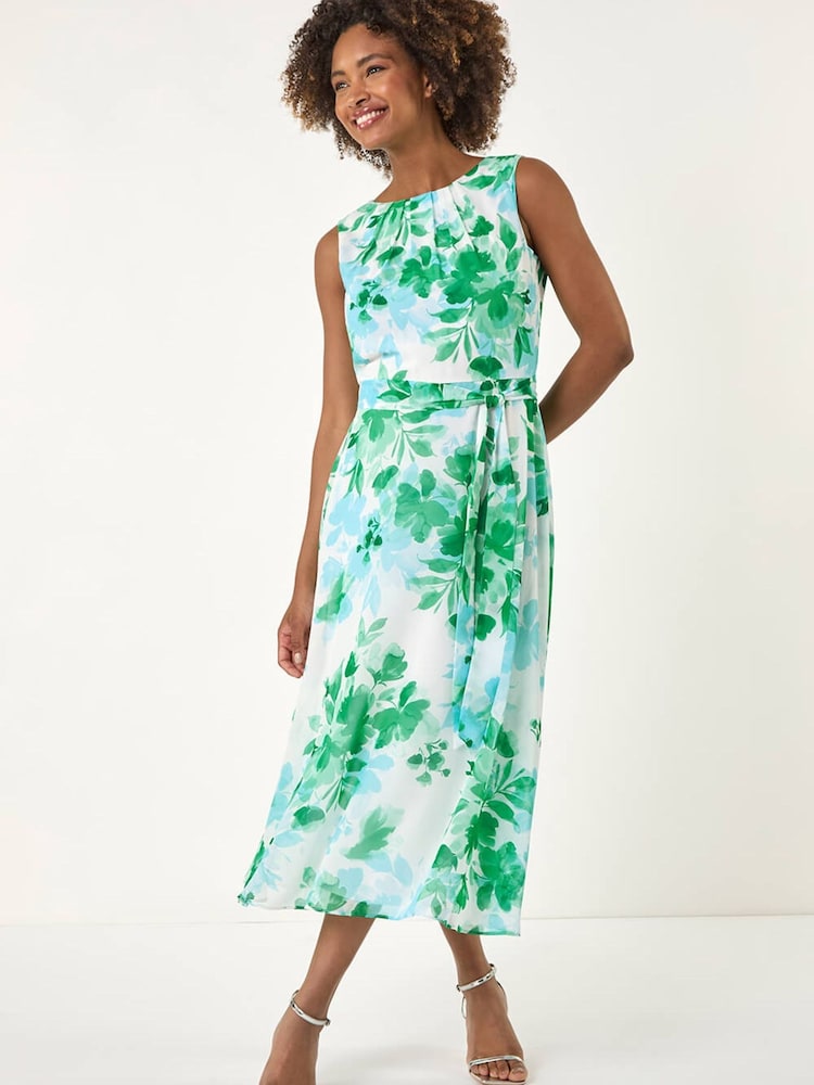 أخضر - فستان متوسط الطول مزين بطبعة زهور وطيات على الرقبة من Roman - Image 2 of 5