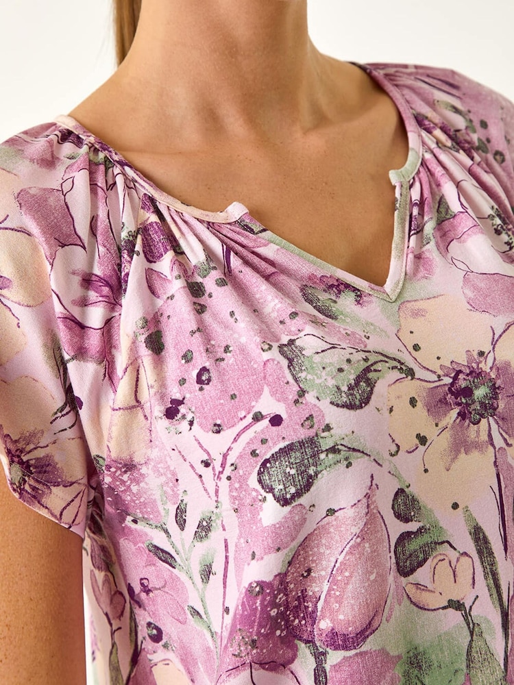 Roman Pink Abstract Leaf Print Stretch Tunic Top - Image 5 of 5