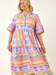 Roman Yellow Curve Stripe Print Boho Tiered Dress - Image 1 of 5